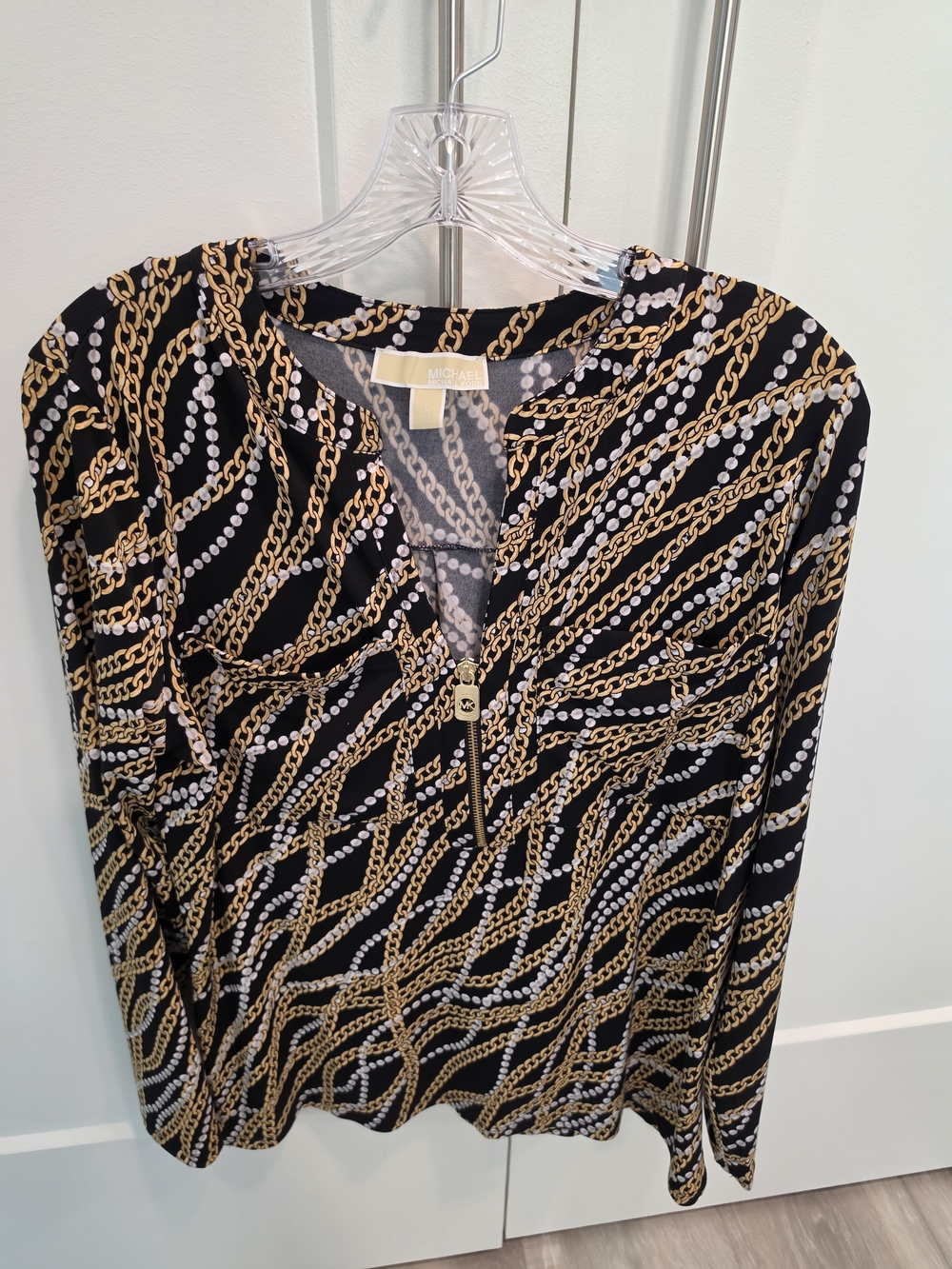 MICHAEL Michael Kors Black Chain Print Zip-Front Blouse.    Size L